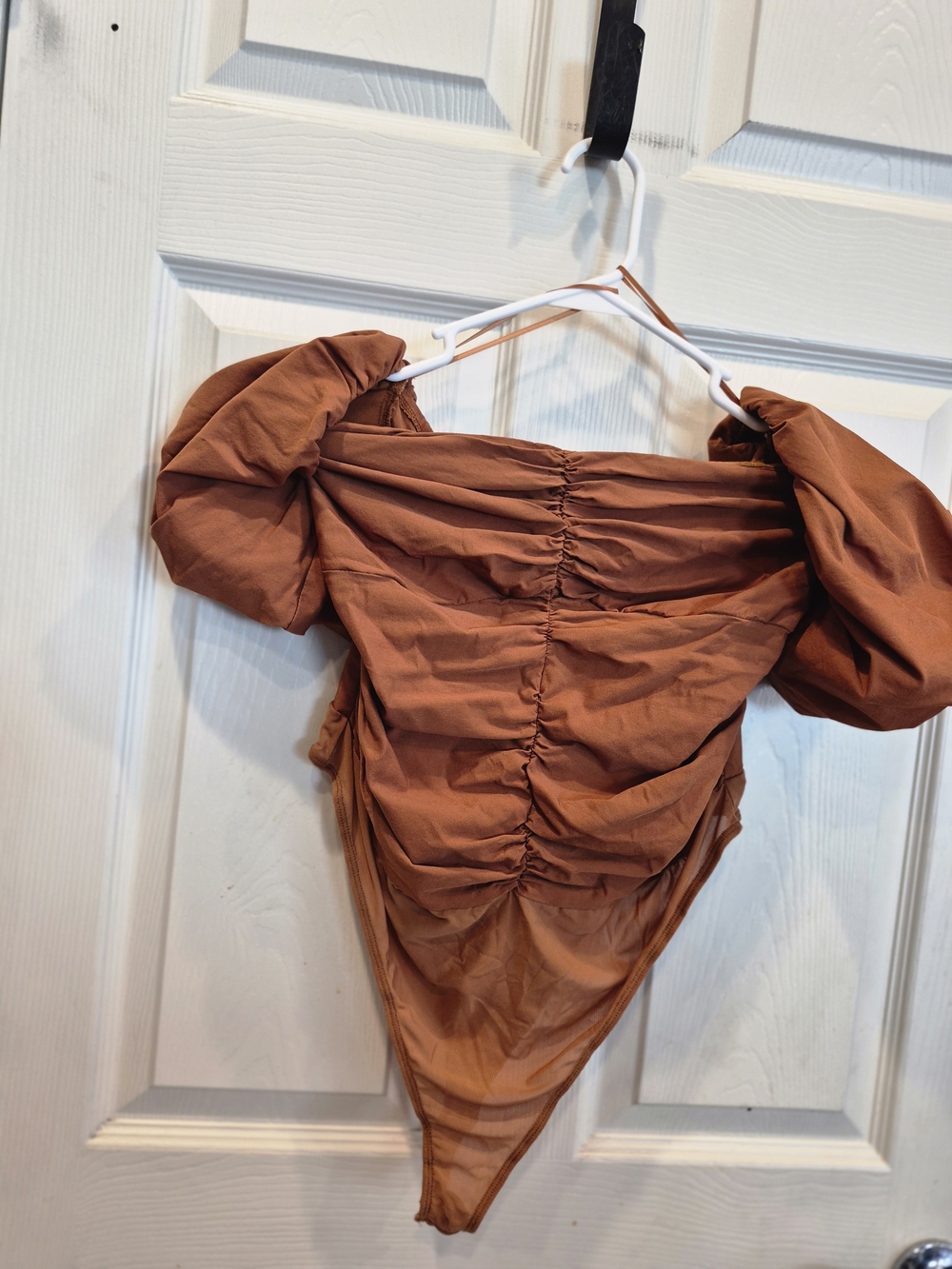 Ruched Off-Shoulder Bodysuit in Rust